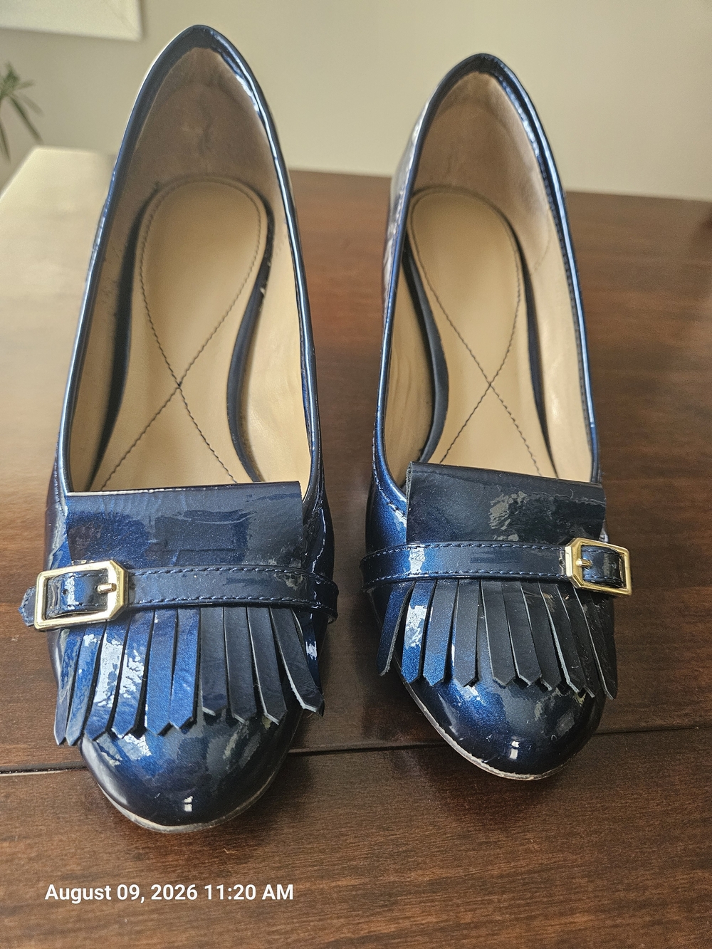 Patent Leather Navy Fringe Loafers with Gold Buckle